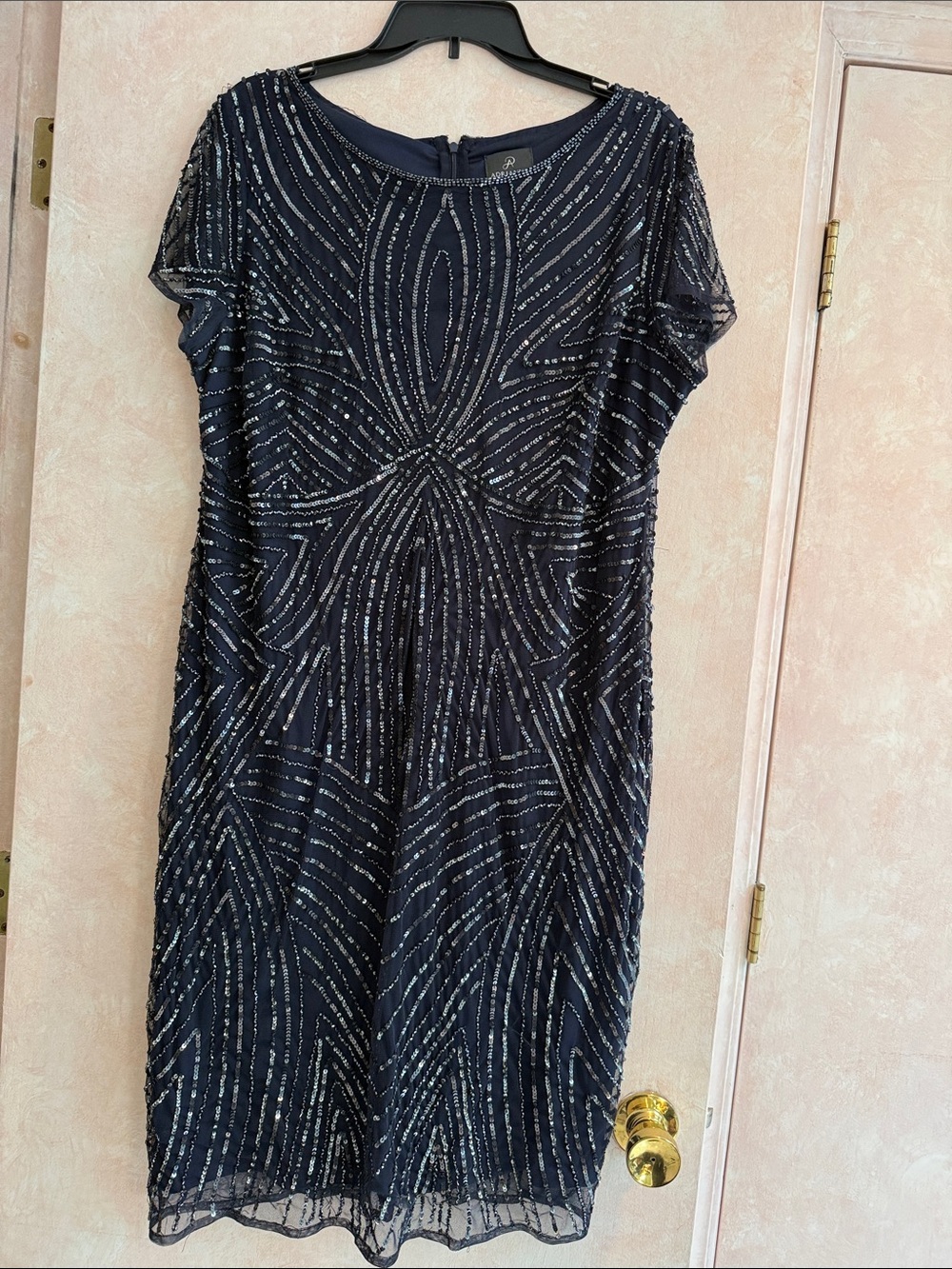 Adrianna Papell Navy Beaded Short Sleeve Midi Dress